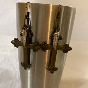 Bronze cross dangle earrings
